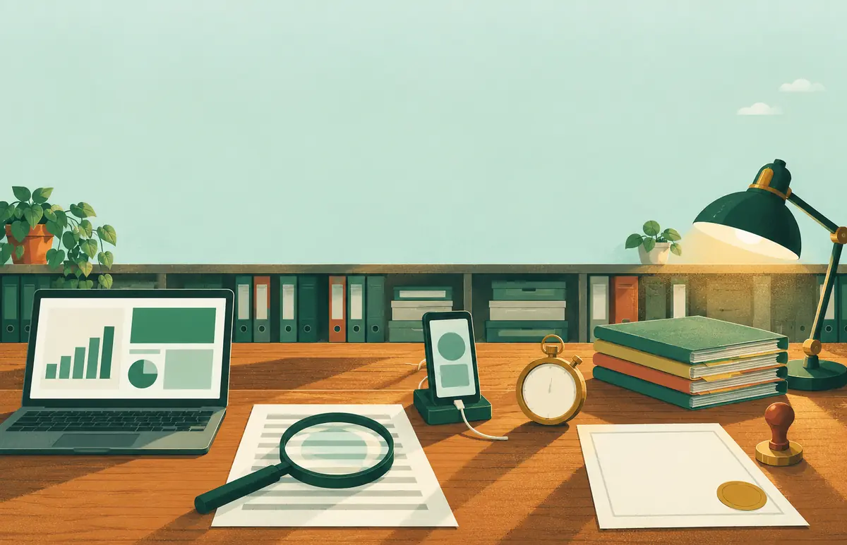 Ilustração da mesa de trabalho da equipe: notebook com gráficos, lupa sobre uma página impressa, celular num suporte de teste, cronômetro, pastas e um carimbo ao lado de um formulário com selo