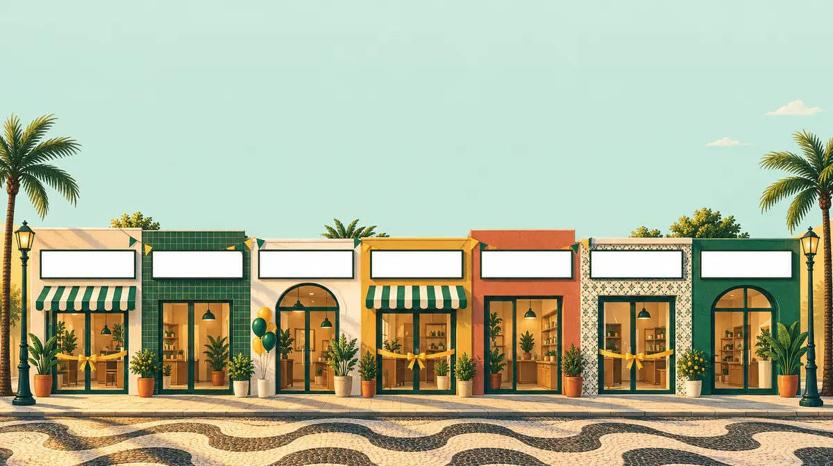 Ilustração de uma rua brasileira com sete lojas novas lado a lado no dia da inauguração, cada uma com a placa de uma das marcas analisadas, calçada de pedras portuguesas em ondas e palmeiras