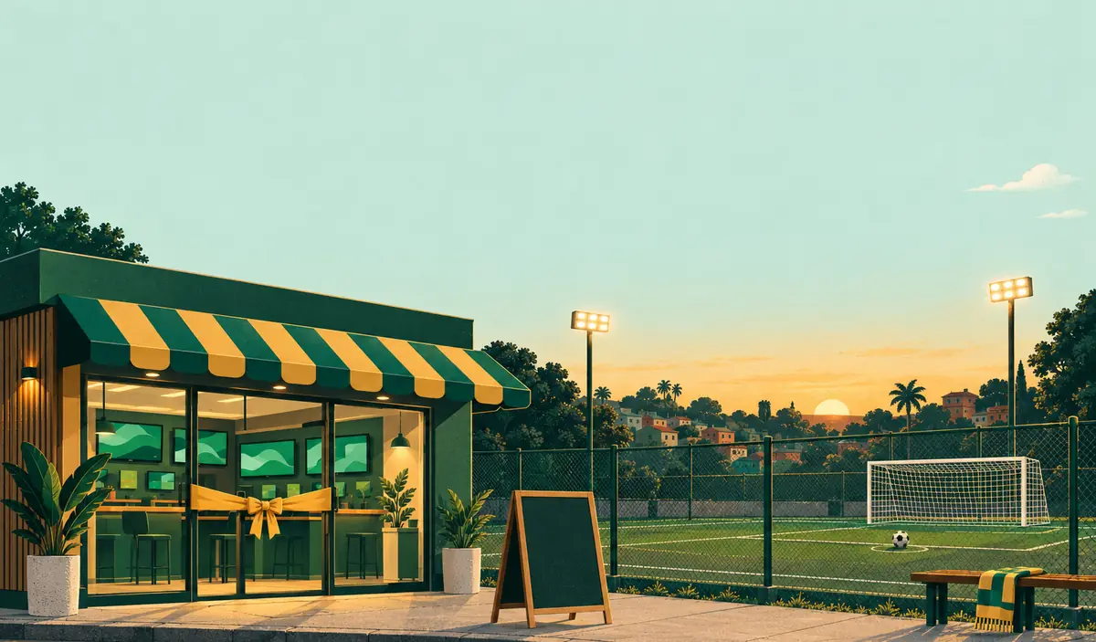 Ilustração de uma casa de apostas recém-inaugurada, com toldo verde e amarelo e laço na porta, ao lado de um campo de futebol de bairro ao entardecer