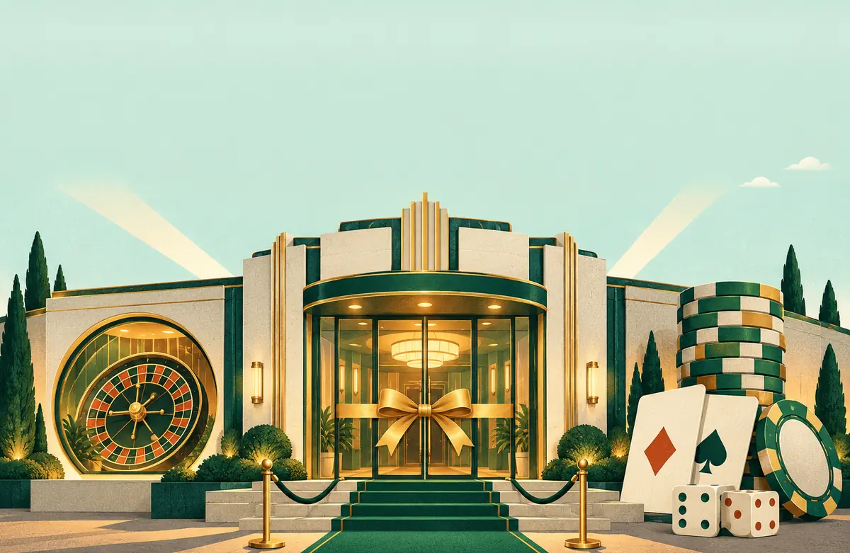 Ilustração da noite de inauguração de um cassino novo em estilo art déco, com laço dourado nas portas, tapete verde, uma roleta na janela redonda e fichas, cartas e dados ao lado
