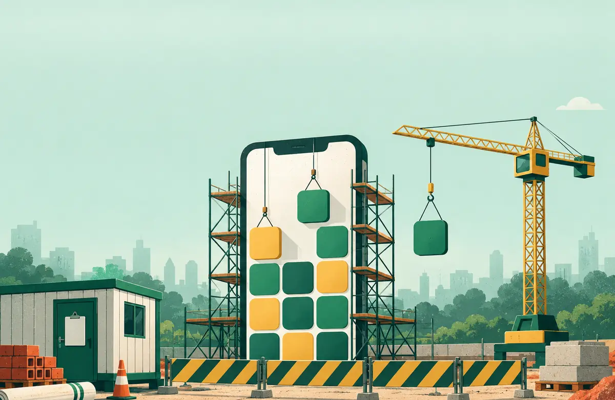 Ilustração de um canteiro de obras onde um celular gigante é montado como um prédio, com andaimes, um guindaste levantando peças e uma cabine de obra com prancheta