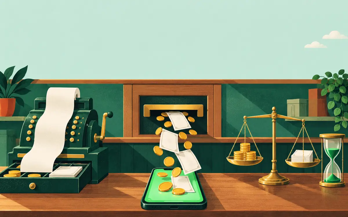 Ilustração de um balcão de pagamento: moedas e notas em branco saem de um guichê para um celular, ao lado de uma caixa registradora, uma balança e uma ampulheta